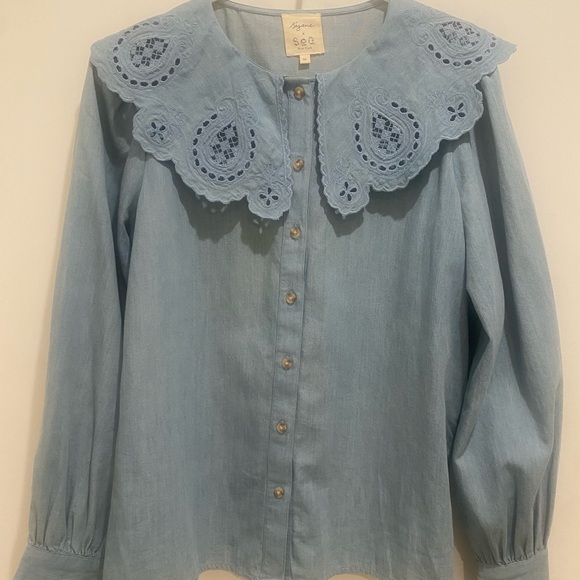 Sezane Tops - Sezane Light Blue Embroidered Blouse